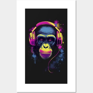 Chimpanzee with Headphones Wearing Police Sunglasses - Cool Synthwave Design Posters and Art